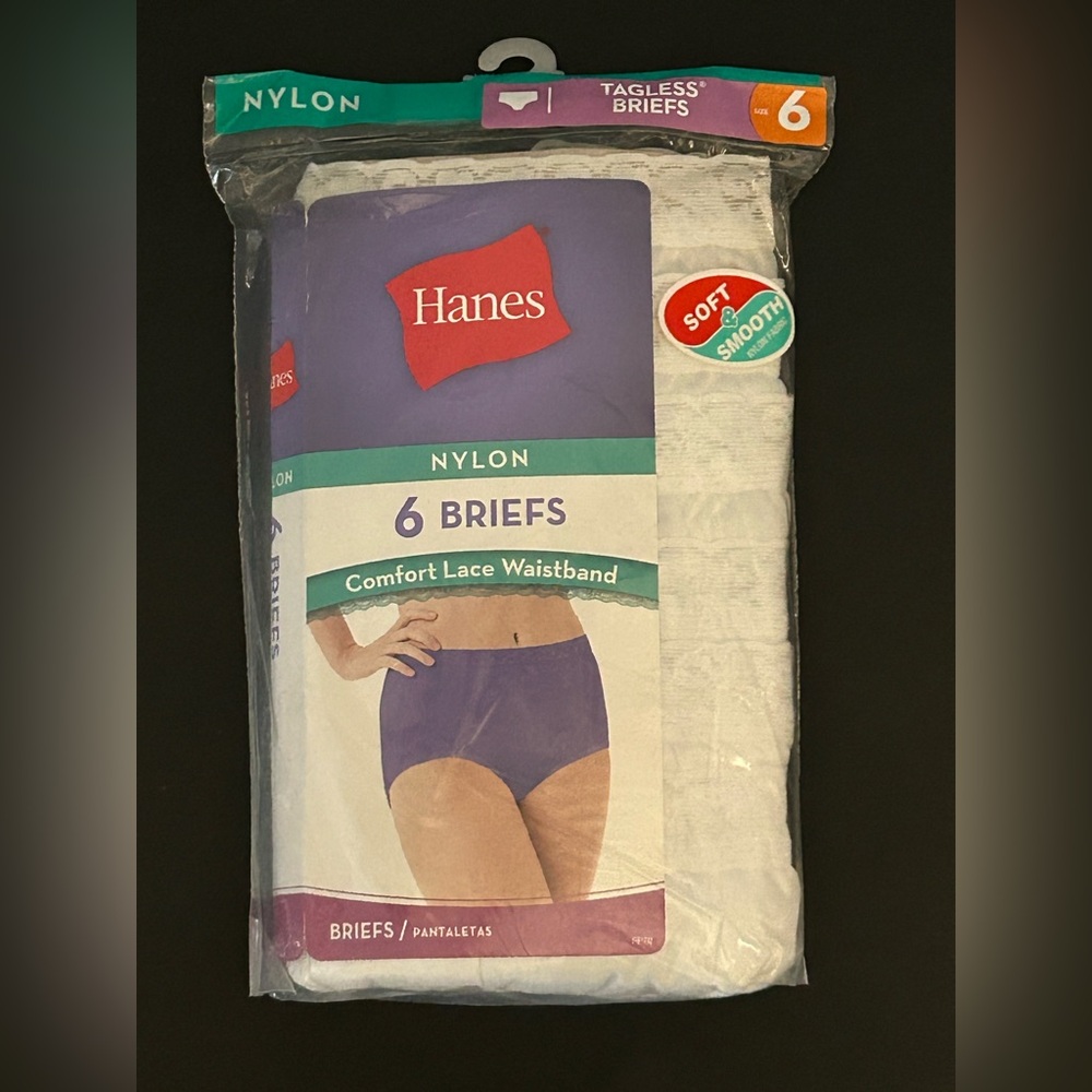 NIP HANES NYLON BRIEFS TAGLESS LACE WAIST COTTON LINER 6 PACK WOMEN'S SIZE 6